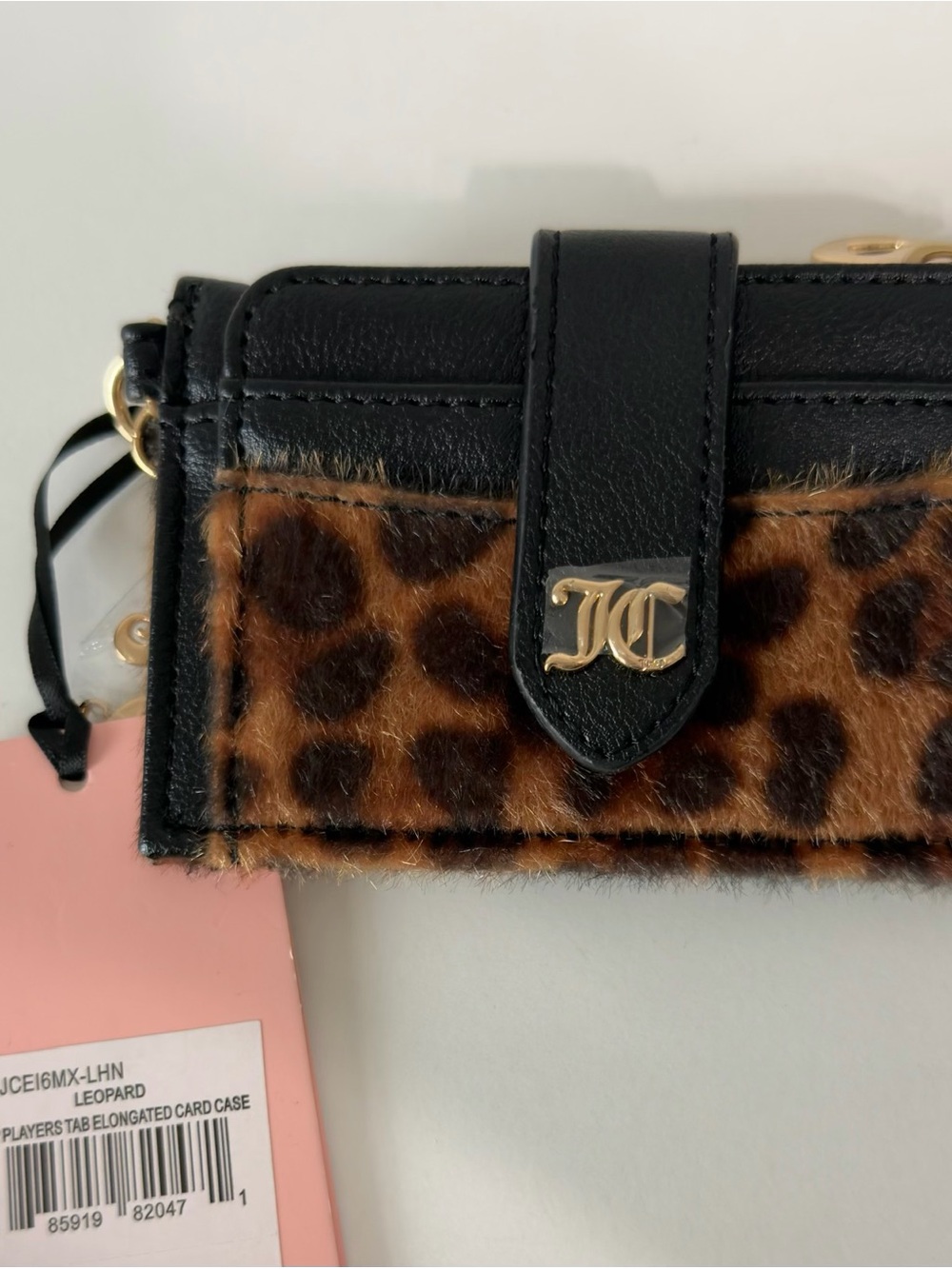 NWT Juicy Couture Leopard Faux Fur Elongated Card Case Wallet Keychain Black JC